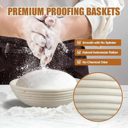Dimpola Banneton Bread Proofing Basket - 9 inch Banneton Basket Set of 2 Sourdough Proofing Basket Round Proofing Bowls Handmade Rattan Baskets and Liners - style: Round 9 inch set of 2