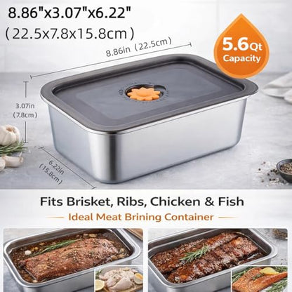 2 Pack Stainless Steel Marinade Containers with Lid, 5.6 Qt Meat Marinating & Brining Containers, Food Grade BPA Free Brisket Brine Tub, Dishwasher Safe Meat Container for BBQ & Food Storage