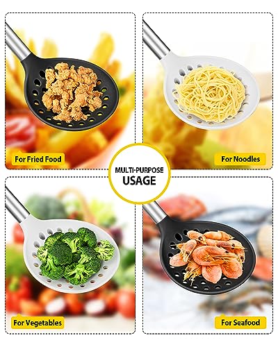 Kitchen Ladle Strainer Set of 2 Large Slotted Spoon with High Heat Resistant BPA Free Non Stick Cooking Skimmers For Draining and Frying (Black-White) - color: Black+White