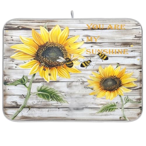 Dish Drying Mat for Kitchen You Are My Sunshine Sunflower Wooden Counter 16x18 inch-Absorbent Microfiber Dish Mat, Reversible Drying Pad Dish Drainer Rack Mats for Countertop Fast Dry - color: Sun, size: 16x18in
