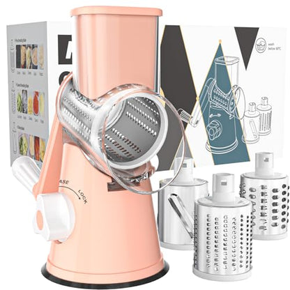 Cambom Rotary Cheese Grater Hand Crank Cheese Shredder for Fresh Cheese, Vegetable, Nuts,Non-slip Suction Base，Three Blades,Pink - color: Pink, size: 3 BLADES