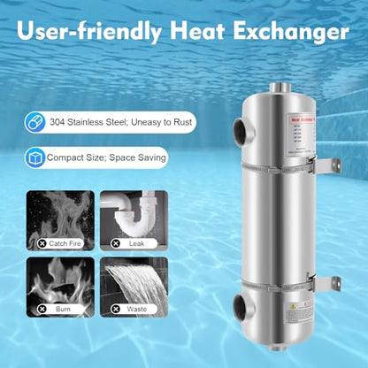 200K BTU Stainless Steel Heat Exchanger - 304 Pool Heat Exchanger for Swimming Pool, Spa, Hot Tub, 1" & 1.5" FPT Ports, Salt Water Resistant