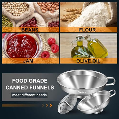 Walfos 5.5 Inch and 4 inch Stainless Steel Wide-Mouth Funnel with Handle for Wide and Regular Mason Jars Canning Jars,Wide Mouth Funnels for Kitchen Use Transferring Liquid and Dry Ingredients! - color: 2pcs Wide Funnels