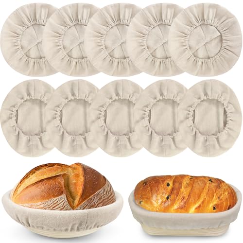 10 PC Bread Proofing Cloth Covers – 5 Oval 10" & 5 Round 9" Reusable Banneton Liners – Sourdough Basket Fabric Covers for Dough Fermentation – Natural Unbleached Cotton – Fits Most Proofing Baskets