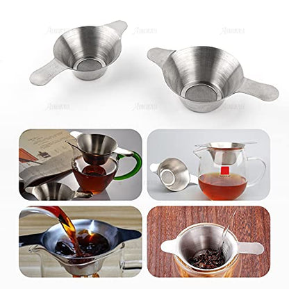 AUEAR, 2 Pack Different Size Stainless Steel Mini Strainer Fine Mesh Tea Funnel Coffee Filter with Double Handles - size: 2 Pack