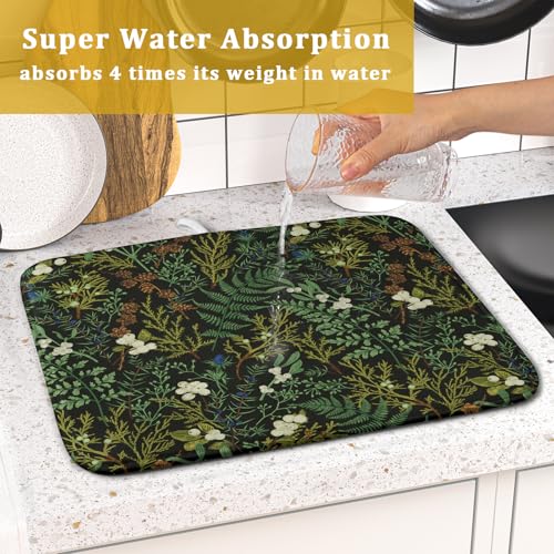 Green Plants Dish Drying Mat for Kitchen Counter Microfiber Absorbent Dish Draining Reusable Washable Foldable 16"x18" - size: 18" x 16"