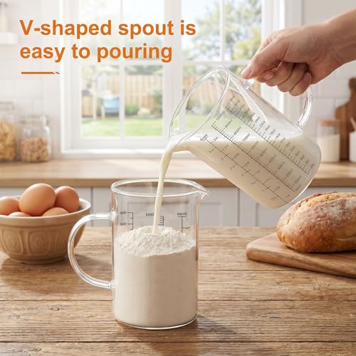 Graduated Glass Measuring Cup With Handle 1000ML (32Oz, 4Cups) | High Borosilicate Liquid Measuring Cup for Baking Cooking Kitchen V-Shaped Spout Glass Measuring Beaker Easy To Read - size: 1000ML (32Oz, 4Cups)