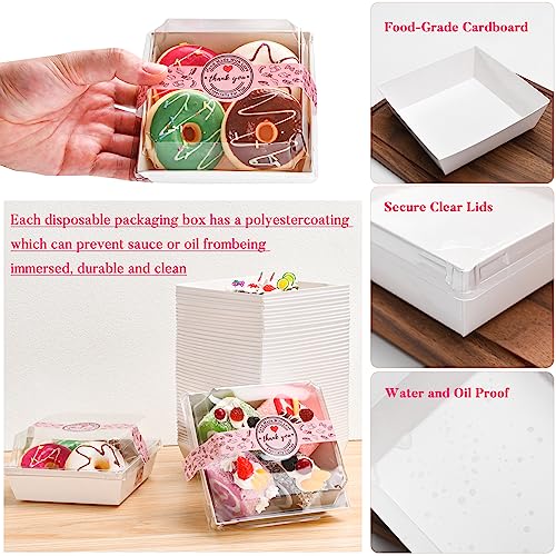 TECARATE Paper Charcuterie Boxes with Clear Lids and Stickers - 50 SETS 4 Inches Square Disposable Food Containers Bakery Boxes for Bakery, Macaron, Sandwich, Slice Cake, Cookies, Hot Cocoa Bombs - color: White