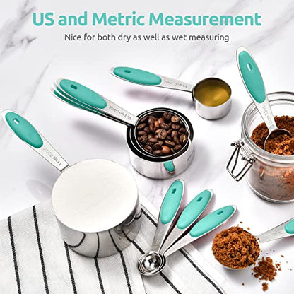 Measuring Cups and Spoons Set: U-Taste 18/8 Stainless Steel 12 Pieces Metal Stacking Kitchen Baking Cooking Food Measure Set 7 Cups 5 Spoons with Strengthened Weld Joints (Aqua Sky) - color: Aqua Sky