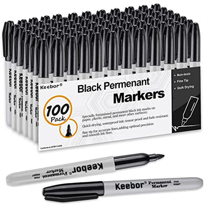 Keebor Black Permanent Markers Bulk of 100 Pack, Fine Point Permanent Marker Set, Waterproof, Quick Drying, School & Office Supplies - size: 100 Pack