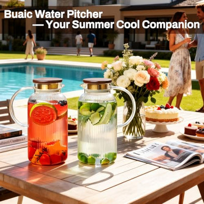 Buaic 2 PACK Glass Pitcher with Lid and Widened Handle, 68oz/ 2 Liter Classic Vertical Stripes Water Pitcher with Wooden Lids,Glass Water Carafe for Cold Brew, Coffee,Iced Sun Tea,Beverage,Hot/Cold - color: Clear, size: 2L-Wooden Lids