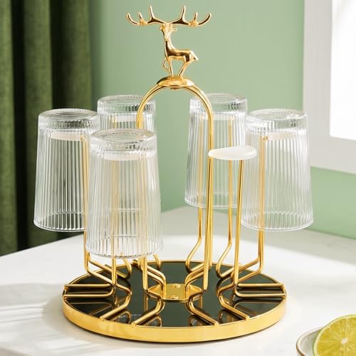Pumtus Metal Glass Drying Rack, Rotating 6 Bottles Dryer Stand, Drinking Mug Holder with Soft Rubber Hook, Non-Slip Water Tumbler Draining Tree, Reusable Mason Jar Organizer for Kitchen, Countertop
