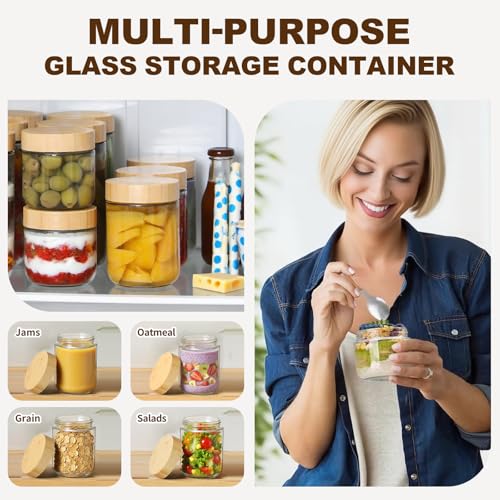 4 Pack 16oz Glass Jars with Bamboo Lids, Overnight Oats Containers with Airtight Lids, Storage Containers Wide Mouth Mason jars for Salad,Yogurt, Sugar, Snacks, Spices - color: 16OZ-4P