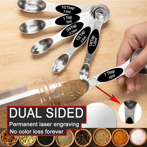 Magnetic Measuring Spoons Set,Heavy Duty Stainless Steel,Dual Sided Stackable Measuring Spoons Nesting Teaspoons Tablespoons for Measuring Dry and Liquid Ingredients,Set of 9 (Black) - color: Black