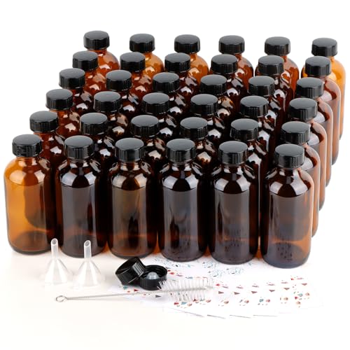 PINIWON 36 Pack 4 oz Amber Glass Bottles, 120ml Boston Round Sample Bottles with Black Poly Cone Caps, Labels, Funnels and Brush - color: Amber-36 pack