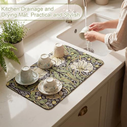 LemonRoad Dish Drying Mat for Kitchen Counter, 12"x20" Absorbent Mat with Morris Pattern, Diatomite Drainer Drying Mats with Non-slip Backing for Coffee Bar Kitchen Sink Countertop - style: Morris Pattern