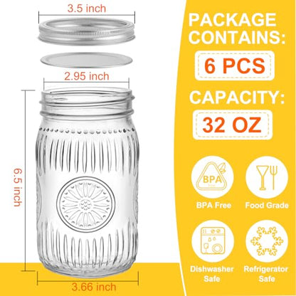 32 oz Wide Mouth Mason Jars with Lids and Bands, 6 Pack Quart Canning Jars, Embossed Glass Mason Jars for Centerpieces, Preserving, Pickling, Meal Prep, Jam, DIY Crafts