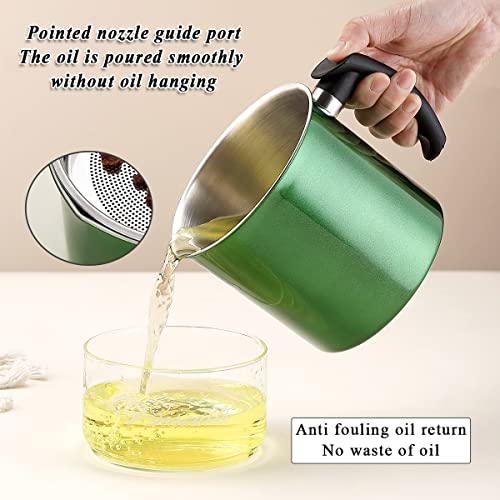 Kyraton Bacon Grease Container With Strainer, 48 oz Metal Shining Green Coating Oil Container, Pot Fat Storage With Lid, Easy Grip Handle Suitable For Storing Frying Oil And Cooking Grease - color: 3. Metal Green