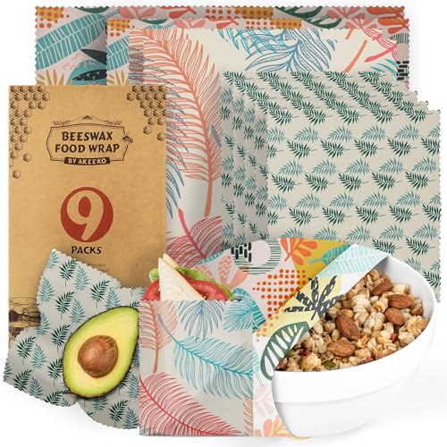 Akeeko Reusable Beeswax Food Wraps - Assorted 9 Packs, Reusable, Plastic-Free Food Storage, 5 Small, 2 Medium, 1 Large Wraps, 1 Extra Large with Tropical Leave Pattern