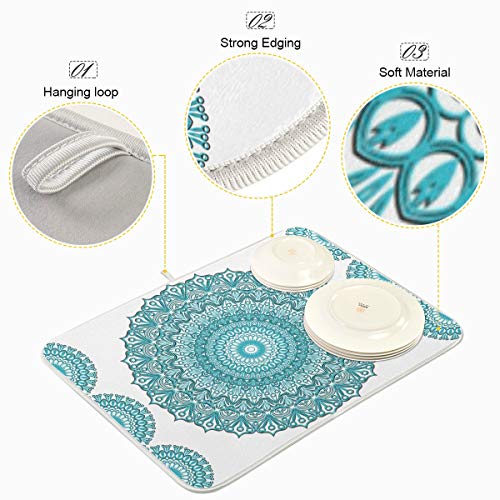 Super Absorbent Dish Drying Mat, Microfiber Fast-Drying Dish Mat, 24" x 18", Kitchen Dish Drying Pad, Boho Ethnic Turquoise Mandala - color: Turquoise Mandala, size: 18" x 24"