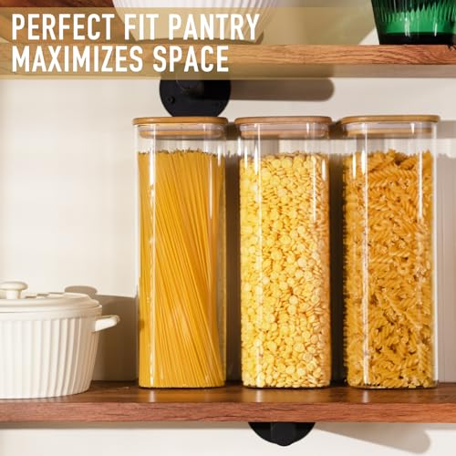 D2scrma 71oz Glass Square Storage Containers with Bamboo Lids Set of 3 (2100ml) Tall Food Storage Canisters Kitchen Jars for Pantry Organization Pasta, Penne, Macaroni, Lasagna, Fusilli - size: 71oz*3