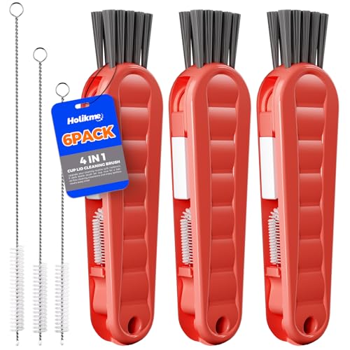 6 Pack Holikme 4 in 1 Cup Lid Cleaning Brush Set with 3 Straws, Multifunctional Bottle Brush, Silicone Cup Lid Gap Cleaner, Bristle Crevice Cleaning Brush, Red - color: Red