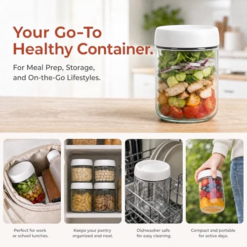 EONJOE 6-Pack 16oz Glass Jars with Lids for Food Storage Meal Prep Airtight - size: 16oz-6pack-white