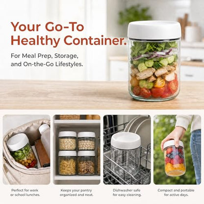 EONJOE 6-Pack 16oz Glass Jars with Lids for Food Storage Meal Prep Airtight - size: 16oz-6pack-white