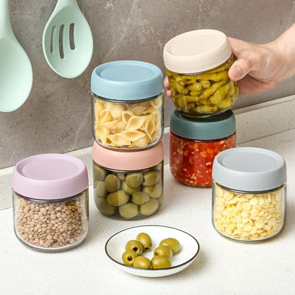 NETANY 6-pack 10oz Glass jars with Airtight Lids, Overnight Oats Containers with Lids, Wide mouth Mason Salad jars, Glass Food Storage Containers for Snacks Yogurt Spice Sugar - color: Multicolor- 10 oz (6 Pack)
