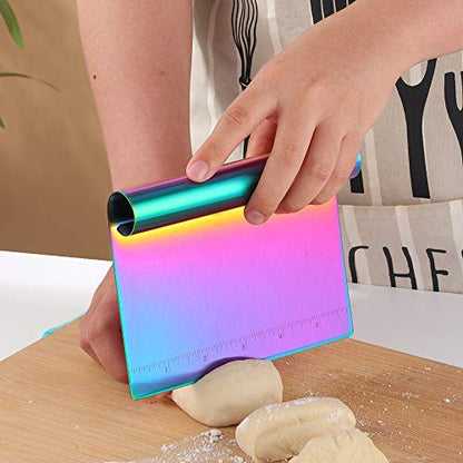 Stainless Steel Multifunctional Flour Scraper Mirror Polished Cake & Pizza Cutter Dough & Pastry Cutter Baking Scale Scraper & Butter Knife With Scale Pastry Bread Separator Rainbow - color: Rainbow