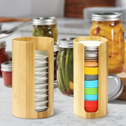 Mason Jar Lid Organizer, Wide & Regular Mouth Lids Holder (2pcs) | Mason Jar Lid Storage Made of Bamboo, Stackable Space-Saving Rack, Suitable for Mason/Canning/Bamboo Lids - style: Single-sided hole