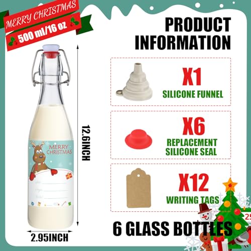 Sieral 6 Set Coquito Bottles 16 oz Christmas Swing Top Glass Bottles Flip Top Brewing Bottle for Vanilla Extract Homemade with Christmas Label Stickers Home Brewing Coquito Beverages Liqueur - color: Christmas