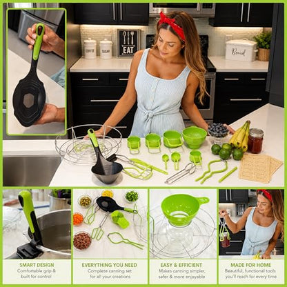 Supa Ant Complete Canning Starter Kit – 10pc Food-Grade Steel Set with XL Ladle, 6 Measuring Cups, Jar Lifter, Wide Mouth Funnel, Canning Rack (7-Jar Capacity) & 90 Labels –Beginner-Friendly, Green - color: Bright Green