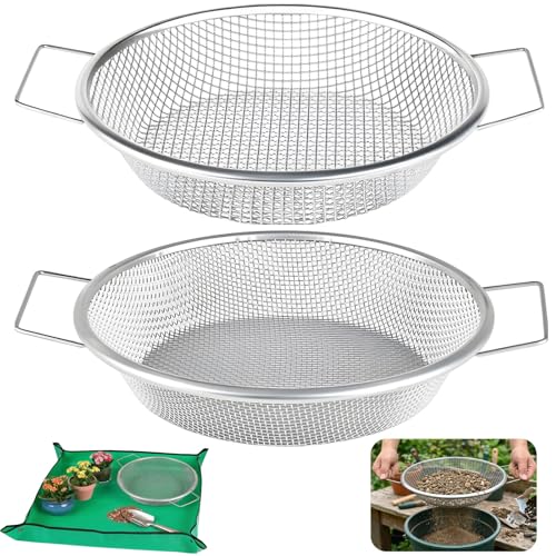 2PCS Soil Sifter for Gardening with Handle,Stainless Steel Rock Compost Soil Sifter for 5 Gallon Bucket,1/4in,1/8in Mesh Garden Sifting Screen Gravel Sawdust Vermicompost with Repotting Mat - size: 2-Piece Set (1/4", 1/8" Mesh)