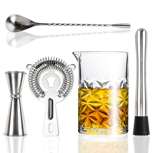 Cocktail Mixing Glass Kit, Bartender Gifts for Men | 24 OZ Crystal Stirring Glass with 304 Stainless Steel Bar Tools – 2 OZ 1 OZ Jigger, Muddler, Strainer, Spoon, Recipe