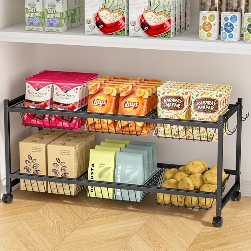 2-Tier Rolling Pantry Cart on Wheels with 6 Removable Baskets, Sturdy Pantry Floor Organizer and Storage, Kitchen Storage Cart for Fruit Vegetables, Snack Organizer for Pantry Kitchen Living Room - size: 2-tier 6 baskets