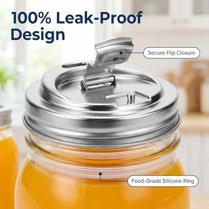 Mason Jar Drinking Lids, Mason Jar Lids, Wide Mouth Stainless Steel Leak-Resistant Sip Lids for Iced Coffee, Cold Drinks, Reusable Metal Mason Jar Drink Lids with Silicone Seal – 3 Pack