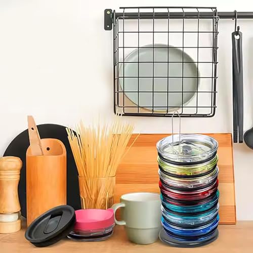 Black Cup Lid Holder Organizer - Fits 20oz & 30oz Tumblers, 10inch Kitchen Cabinet Storage Rack - Space Saving Cup Lid Stand for Countertop or Cabinet