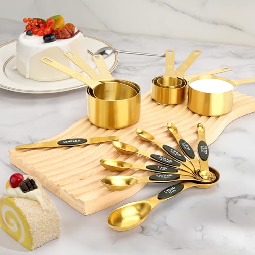 GuDoQi 15pcs Gold Magnetic Measuring Spoons and Cups Set, Stainless Steel 8 Dual Sided Magnetic Measuring Spoons set with Leveler, 7 Cups, Measurement for Liquid and Dry Ingredients for Kitchen
