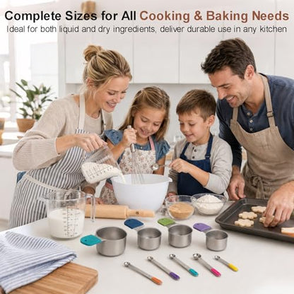 Stainless Steel Measuring Cups and Spoons Set, 7 Magnetic Measuring Cups, 5 Metal Measuring Teaspoons, 3 Plastic Measuring Cups for Kitchen Cooking & Baking, Dry & Liquid Ingredients