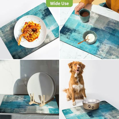 Dish Drying Mat for Kitchen Counter, Teal and Grey Abstract Art, Absorbent Quick Dry Pad with Rubber Backing, Draining Mat Dish Rack Pad for Dishes, Utensils, Countertops, Sinks 12" x 20 - color: Teal and Grey