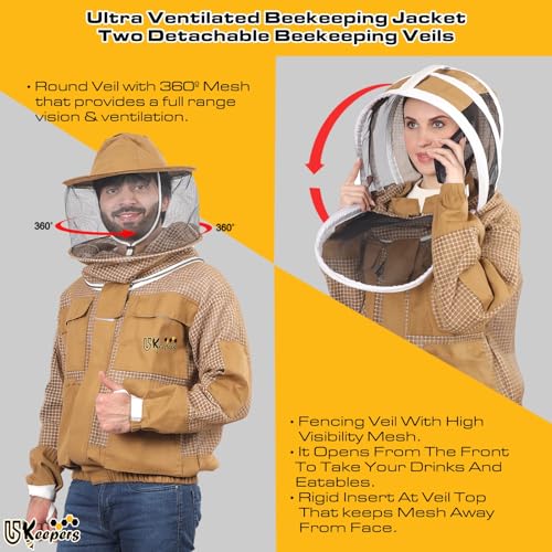 3 Layer Ventilated Bee Jacket for Men & Women, Premium Sting Proof Beekeeping Jacket with Gloves & Two Beekeeper Veils. (Brown J/L) - color: Brown, size: Large