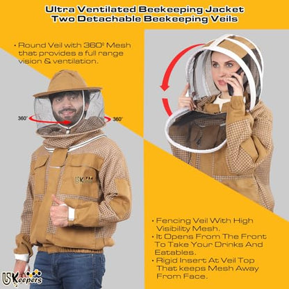 3 Layer Ventilated Sting Proof Bee Jacket for Men & Women, Premium Beekeeping Jacket with Gloves & Two Beekeeper Veils. (Brown J/S) - color: Brown, size: Small