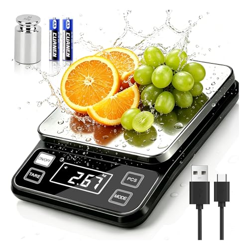 Waterproof Food Scale, 22lb Digital Kitchen Scale with Batteries, 304 Stainless Steel Precision Gram Scale for Baking, Cooking, Meal Prep, Tare Function - size: 0.1g/22 lb Non-rechargeable