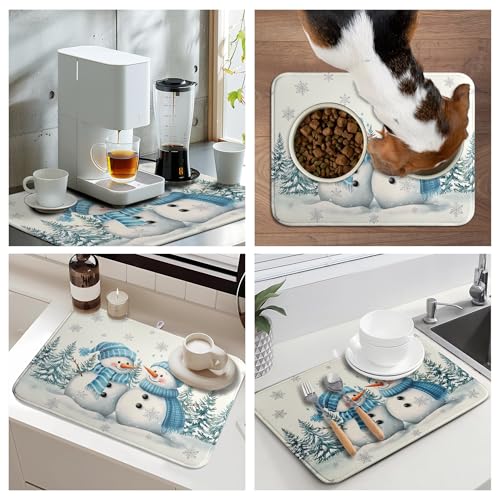 Winter Dish Drying Mat Winter Snowman Large Kitchen Mats Dish Drying Pad Blue Snowman Pine Tree Absorbent Dish Dryer Mat for Kitchen Countertops Microfiber Drainer Pad Dish Drying Mats (18x24 in)