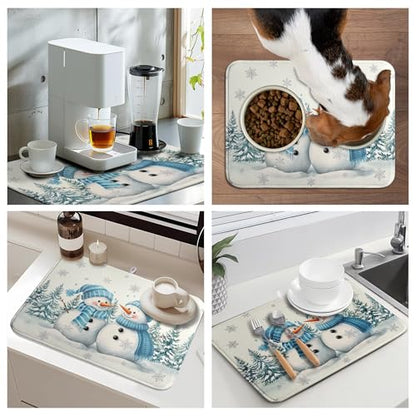 Winter Dish Drying Mat Winter Snowman Large Kitchen Mats Dish Drying Pad Blue Snowman Pine Tree Absorbent Dish Dryer Mat for Kitchen Countertops Microfiber Drainer Pad Dish Drying Mats (18x24 in)