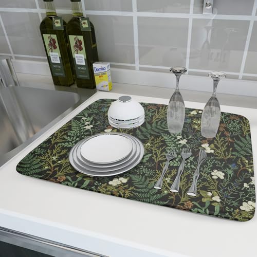 Green Plants Dish Drying Mat for Kitchen Counter Microfiber Absorbent Dish Draining Reusable Washable Foldable Extra Large 18"x24" - size: 24" x 18"