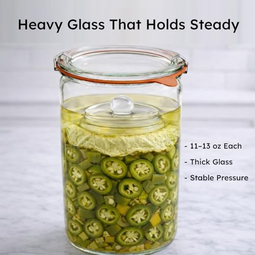 Glass Fermentation Weights Compatible with Weck Jars, Gallon Jars, 3.43" Pickle Weights with Easy-Lift Handle, Heavy 11-13 oz Glass Weights to Keep Food Below, Set of 2