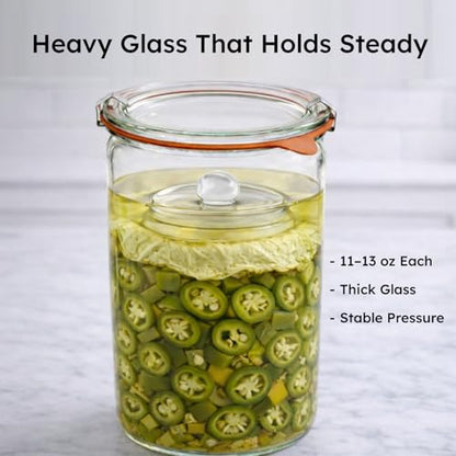 Glass Fermentation Weights Compatible with Weck Jars, Gallon Jars, 3.43" Pickle Weights with Easy-Lift Handle, Heavy 11-13 oz Glass Weights to Keep Food Below, Set of 2