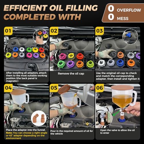 DISEN 17-Piece Engine Oil Funnel Kit, 2.12QT/2L Oil Funnel Set with 12 Adapters, 45° & Straight Elbow, Magnetic Storage Trays for Garage, Compatible with More Car